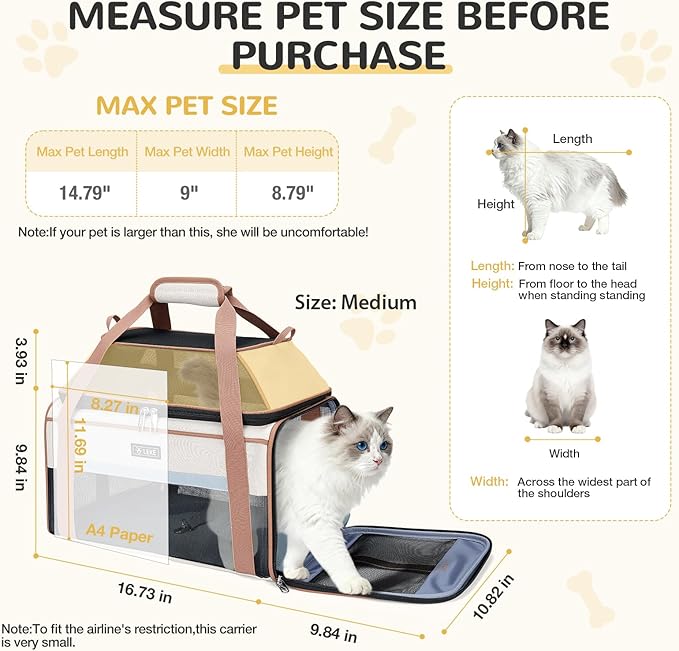 Lekereise Top-Expandable Pet Carrier 17x11x9.5 Inch Alaska Hawaiian Airline Approved Soft Sided Underseat to 12lbs Travel Carriers for Small Cats and Dogs with Locking Safety Zippers Anti-Scratch Mesh