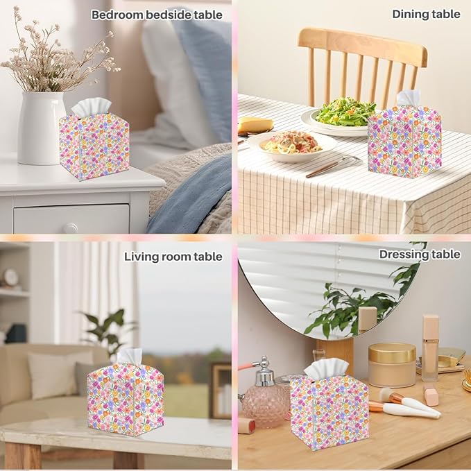 Tissue Box Cover, Tissue Box Holder, Square with Belt Bottom, PU Leather Decorative Organizer for Desk, Tabletop, Countertop Room, Toilet Car, Office, Dresser Bedside, Aesthetic Colorful Flower Decor