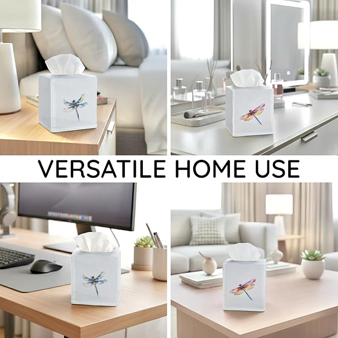 EmbroideryLinen.VN Tissue Box Cover Set of 2, Square Linen Tissue Holder, Printed Animal Pattern, 4.5x4.5x5.5 Inches, Decorative Holder for Bathroom, Living Room, Office (Dragonfly)