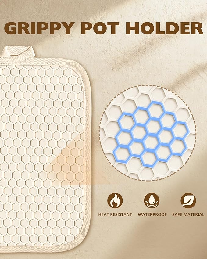Slohif Silcone Flowers Pot Holders for Kitchen - 100% Cotton Beige Cute Oven Potholders with Pockets, Heat Resistant Square Thick Hot Pads, House New Home Baking Baker Gifts,2pack