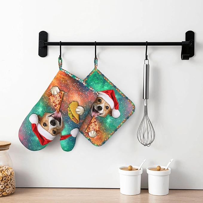Funny Dog Eating Pizza Oven Mitts and Pot Holders Sets, Home Silicone Heat Resistant BBQ Gloves for Kitchen Baking Cooking Grilling Microwave