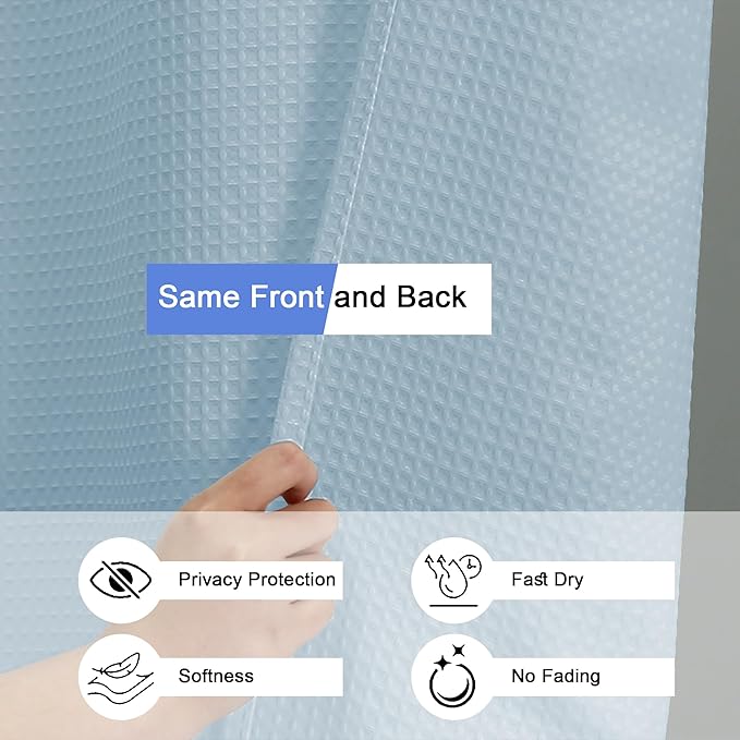 OVZME Long Fabric Shower Curtain Set, Waffle Textured Shower Curtain for Bathroom - Weight 230GSM Heavy Duty Hotel Spa Luxury Bath Curtain Set with 12 Plastic Hooks, 72Wx78L, Glacier Blue