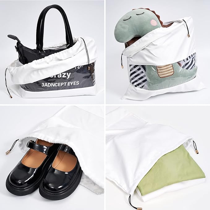 Vercord Travel Shoe Bag Dustproof Handbag Storage Bag Suede Fabric with PVC Clear Window Drawstring White(22 x 19.6)