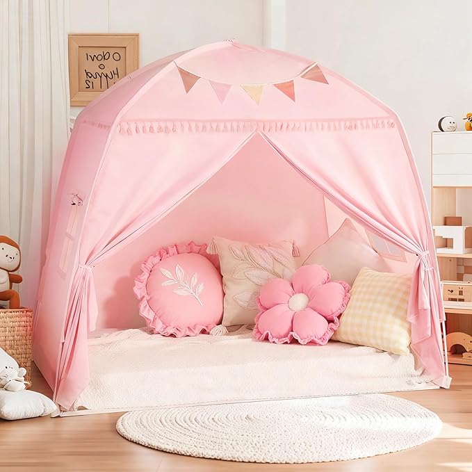 Sumbababy Large Teepee Tent for Kids: with Star Lights - Tent for Toddler Indoor Kids Teepee Tent for Boys & Girls - Toddler Play Tent Inside Canopy Bed for Playroom Gift Toys (Pink)