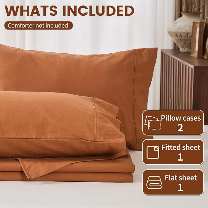 100% Linen Sheets California King Size,Breathable & Durable 4-Piece Bed Flax Sheet Set,Soft All-Season Bedding for Hot Sleepers 16" Deep Pocket Oeko-TEX Certified,（Cal King, Brown）