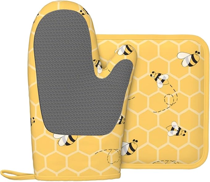 Oven Mitts and Potholders Yellow Bees Honey Silicone Glove Heat Resistant, Kitchen Gloves for Cooking, 2-Piece Set