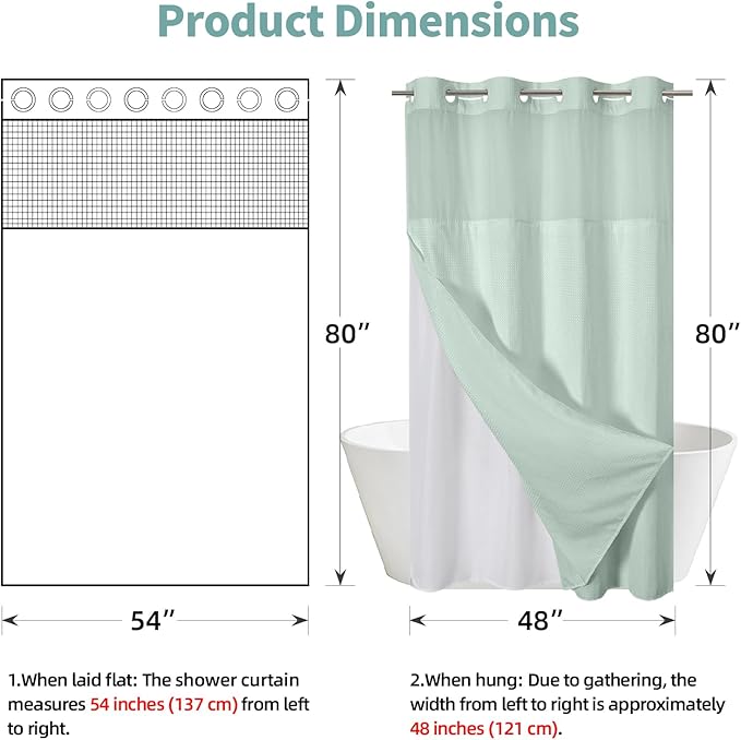 eachope MintGreen No Hook Waffle Weave Shower Curtain with snap-in Liner Replacement, 230GSM Waterproof Fabric Hotel Shower Curtain Set for Bathroom, Through Mesh Top Window,54Wx80H
