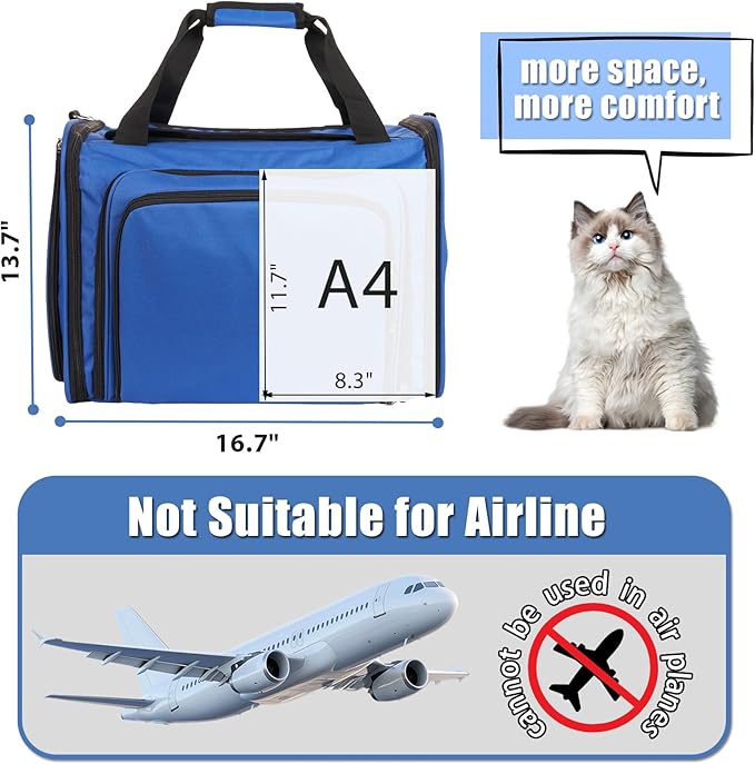 Cat Carrier with Litter Box, Expandable Cat Travel Carrier for Car with Bowl, Collapsible Pet Carrier for Car Travel with Lockable Zippers, Soft Sided Pet Carrier for Cats/Puppies up to 20 lbs, Blue