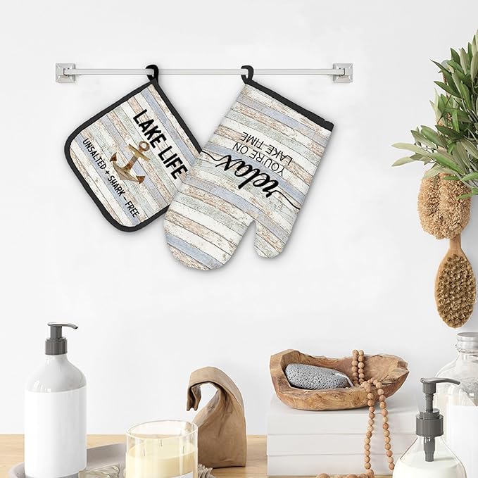 Lake House Gifts Oven Mitts and Pot Holders Sets, Lake Lovers House Kitchen Accessories Sets,Rustic Relax You’re on Lake Time Heat Resistant Oven Glove Potholders for Kitchen Cooking Baking BBQ