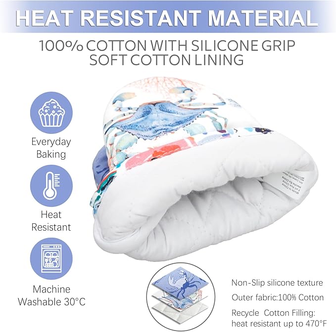 Mini Oven Mitts,2pk - Silicone Little Kitchen Gloves, Heat Resistant with Non-Slip Grip and Soft Quilted Cotton Lining for Safe Backing Cooking Barbecue (Lilac, Crab)