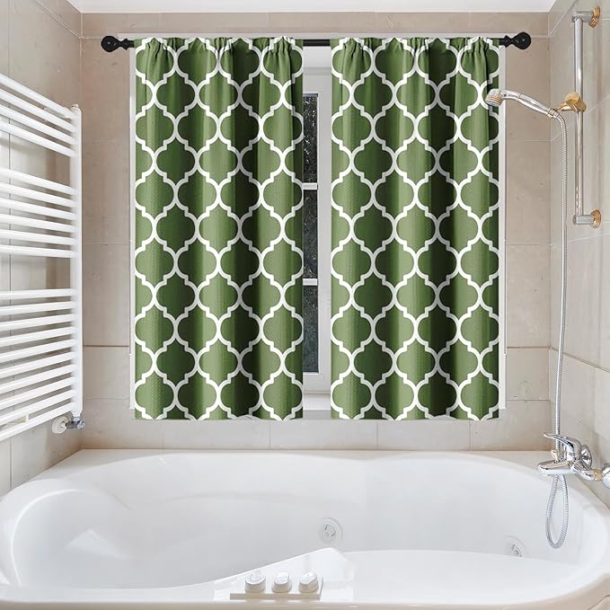 Culudea Sage Green Quatrefoil Moroccan Plaid Waffle Textured Cloth Shower Curtain Set, Four Leaf Clover Retro Grid Geometric Bathroom Window Waterproof Shower Curtains for Bathroom Decor