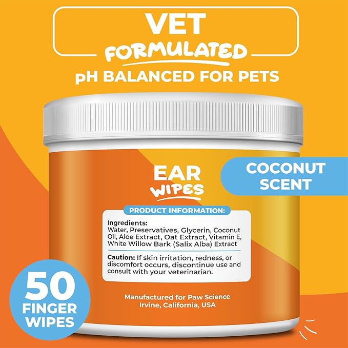 Paw Science Dog Ear Cleaner Wipes – Finger Wipes for Dogs & Cats – Cleaning, Soothing, & Deodorizing Itchy Ears – Pet Ear Relief Solution (Coconut)