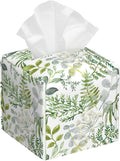 POIUBLE Green Leaves and Fern Tissue Box Cover Leather Tissue Box Holder Square Facial Paper Organizer Dispenser for Bathroom Kitchen Bedroom Vanity Countertop Night Stands