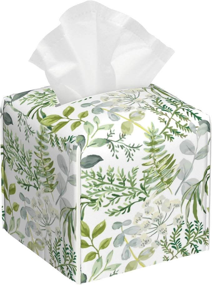 POIUBLE Green Leaves and Fern Tissue Box Cover Leather Tissue Box Holder Square Facial Paper Organizer Dispenser for Bathroom Kitchen Bedroom Vanity Countertop Night Stands