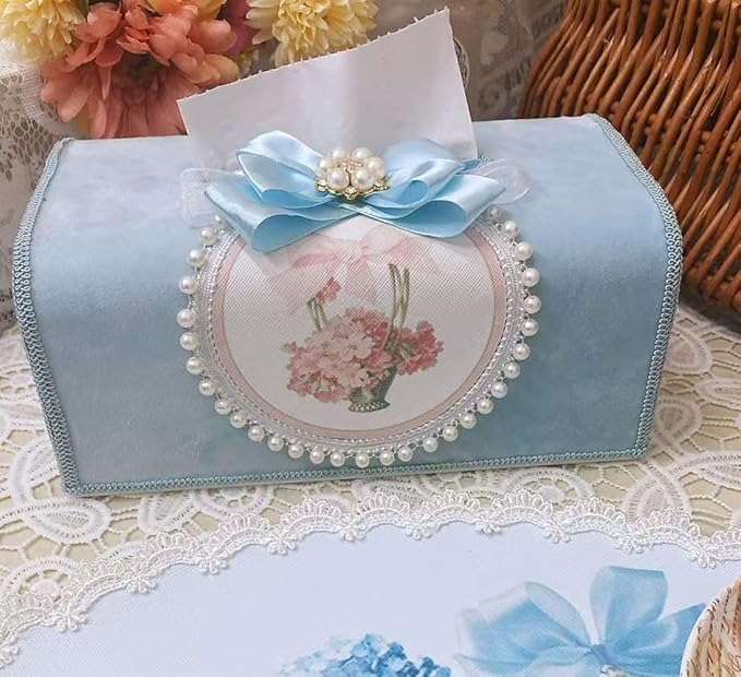 Tissue Cover Holder Fabric Art Cute Tissue Box Cover Dispenser Napkin Organizer for Bathroom Bedroom Office and Car (C - Light Blue)