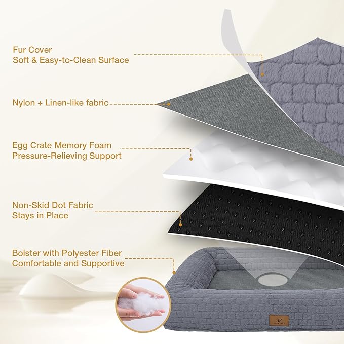 Plush Orthopedic Dog Bed for Medium Large Dogs, Memory Foam Bolster Sofa Bed with Removable Washable Cover, Waterproof Lining & Non-Slip Bottom (Grey-S)