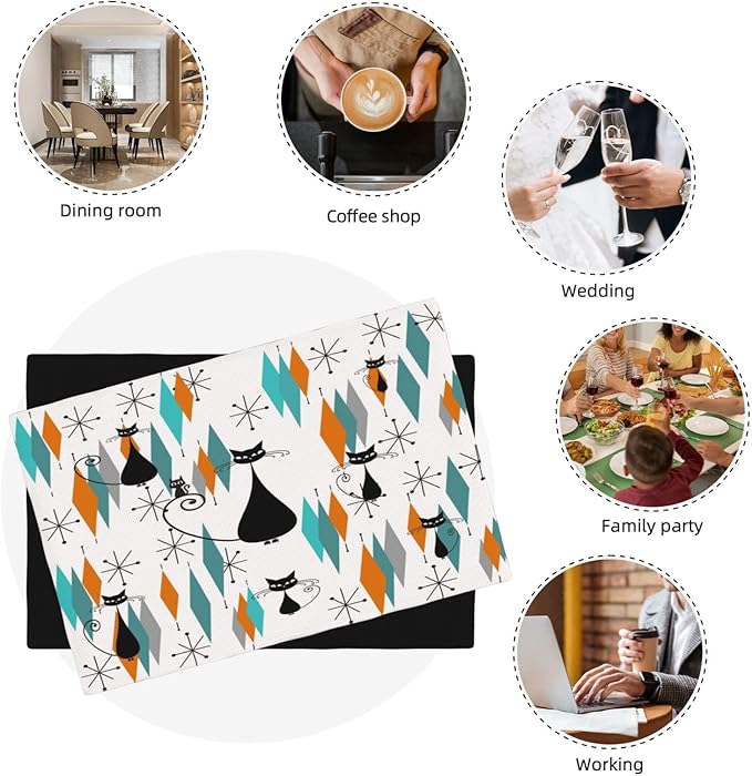Mid Century Placemats, Modern Minimalist Art Abstract Geometric Atomic Star Explosion Black Cat Print Washable Fabric Placemats Table Kitchen Dining Party 12x18 Inch Set of 4