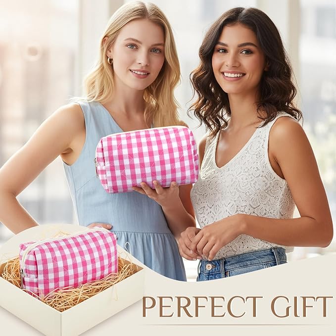 Paterr 6 Pcs Quilted Makeup Bag Bulk for Women Girls Birthday Valentine's Day Bridesmaid Gifts Cute Cotton Cosmetic Pouch Bow Floral Coquette Aesthetic Travel Toiletry Bag(Plaid,Pink)