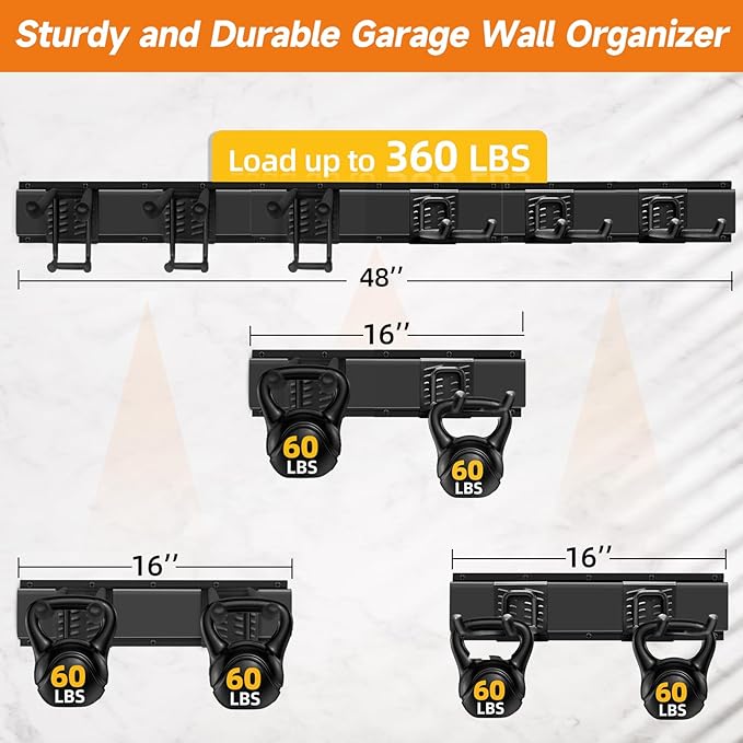 WEZAFO Garden Tool Organizer Wall Mount, Heavy Duty 48 Inches Garage Organization and Storage Racks for Yard Tools with 6 Hooks, Tool Hangers Holders for Hanging Folding Chair, Rake and Shovel