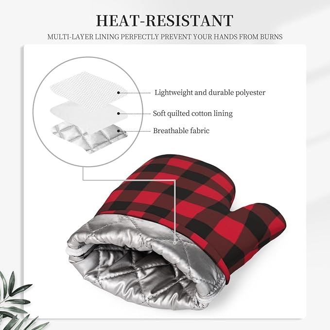 Red and Black Plaid Buffalo Oven Mitts and Pot Holders Set of 4 Silicone Check Gingham Kitchen Mitten Gloves and Non-Slip Potholders Set Heat Resistant Oven Gloves Hot Holders for Kitchen