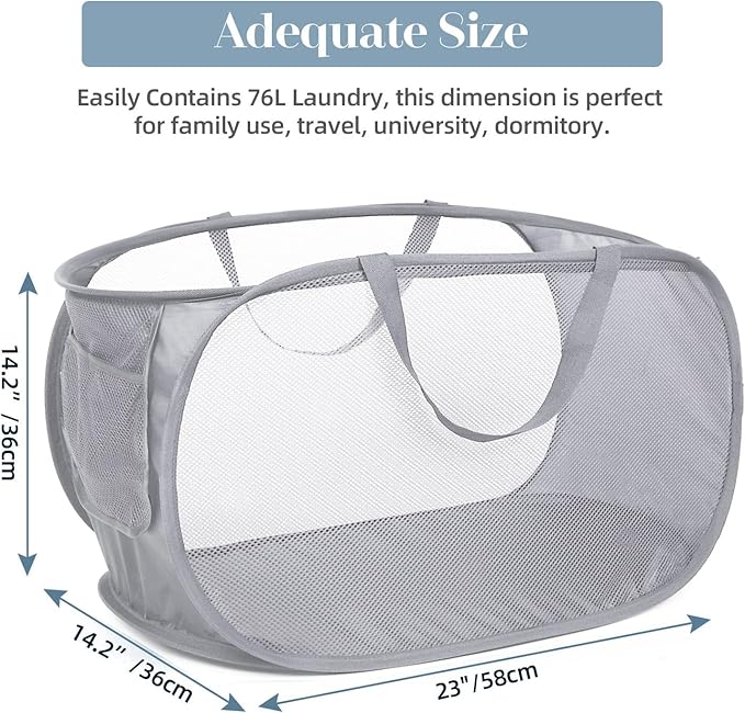 2 Pcs Durable Collapsible Laundry Baskets - Reinforced Mesh Pop Up Laundry Hamper with Pocket, Foldable Dirty Clothes Hamper with Carry Handles for Laundry, Bathroom, Kids Room, Dorm or Travel Grey