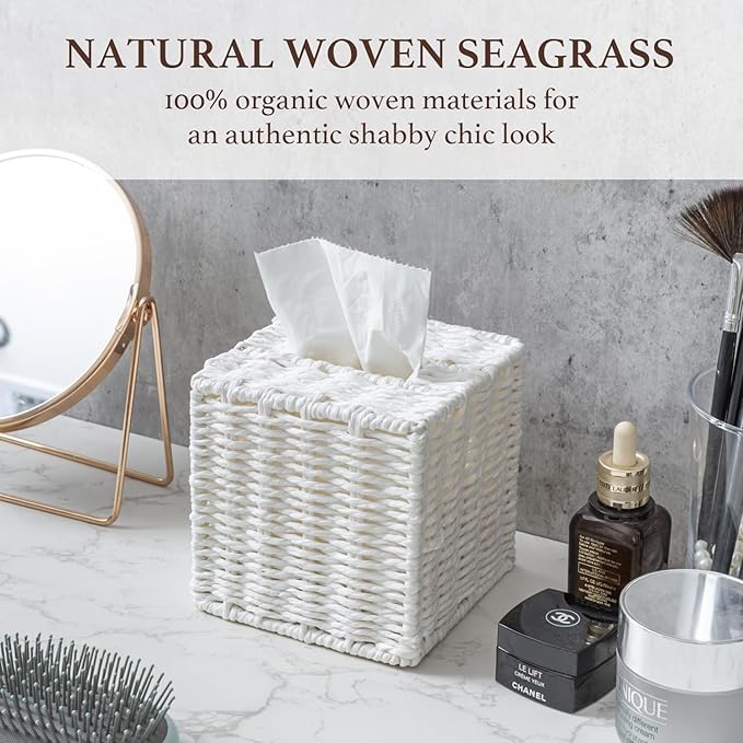 MyGift Decorative White Woven Square Tissue Box Holder with Easy Open Refill Bottom, Bathroom Decor Facial Tissues Cover with Sturdy Paper Rope Material
