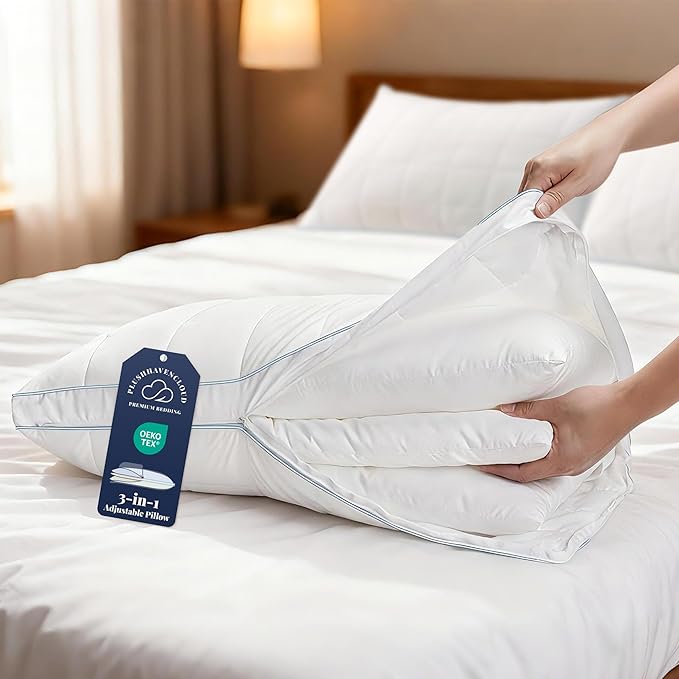 PlushHavenCloud 3-in-1 Adjustable Pillows Bed Pillow - Hotel Pillow Queen Size Pillow for Sleeping with 3 Removable Inserts, Assemblable Height & Soft Firm Pillows for Back, Stomach or Side Sleepers