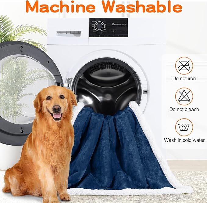 Smiry Waterproof Blanket Throw for Large Dogs, Soft Reversible Dog Blanket for Sofa Couch Bed, Washable Leakproof Sherpa Fleece Furniture Couch Protector(60"x80", Navy/White)