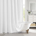 MitoVilla Boho Extra Long Shower Curtain 72 x 84, White Modern Farmhouse 84 inch XL Polyester Linen Texture Tassel Fabric Shower Curtain Set with Hooks for Cottagecore Country Bathroom Decor,White