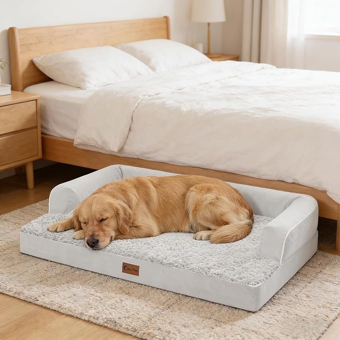Casa Paw Orthopedic Dog Beds for Large Sized Dogs, Waterproof Egg Crate Foam Large Dog Couch Beds with Comfy Bolster 36x27Inch, Washable Pet Beds with Removable Cover and Nonskid Bottom, Grey White