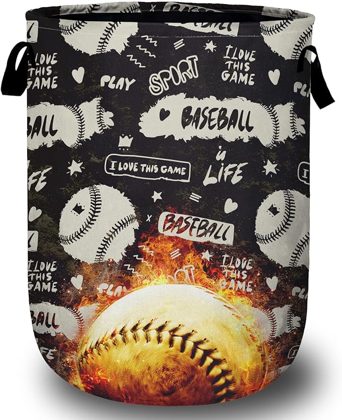 Baseball on Fire Laundry Basket with Sturdy Handles, Ball Game Collapsible Oxford Cloth Laundry Hamper Organizer Basket for Bathroom Bedroom 15.7x20 Inch