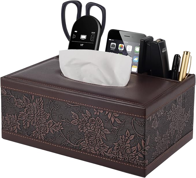 XNONE Tissue Box Cover Rectangle Retro Tissue Box Holder PU Leather Facial Tissues Organizer,Multifunctional Remote Control Stationery Storage Box,Home Office Supplies Car Napkin Caddy
