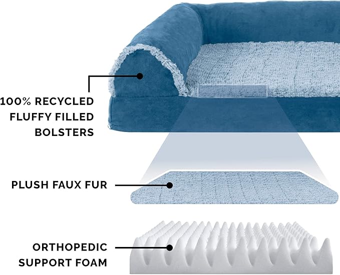 FurHaven Orthopedic Dog Bed for Large Dogs, L-Shaped Chaise Sofa with Orthopedic Egg Crate with a Solid Orthopedic Foam Base for Joint Support, Washable Cover, Jumbo XL, Faux Fur & Suede, Marine Blue