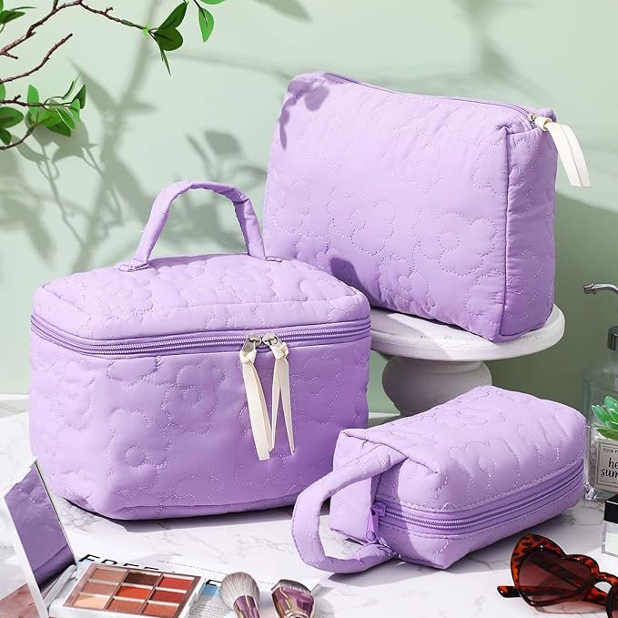 Paterr Makeup Bag Set 3 Pcs Large Quilted Cotton Make up Bags for Women Cosmetic Travel Toiletry Organizer Pouch Cute Aesthetic Storage Purse(Purple,Purple Flower)