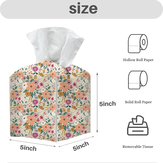 Tissue Box Cover, Tissue Box Holder, Square with Belt Bottom, PU Leather Decorative Organizer for Desk, Countertop Bathroom, Living Room ,Toilet Car, Office, Dresser Bedside, Aesthetic Floral Decor