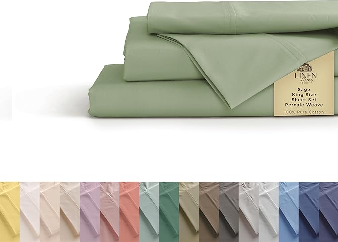 Linen Home 100% Cotton Percale Sheets King Size, Sage, Deep Pocket, 4 Pieces Set - 1 Flat, 1 Deep Pocket Fitted Sheet and 2 Pillowcases, Crisp Cool and Strong Bed Linen