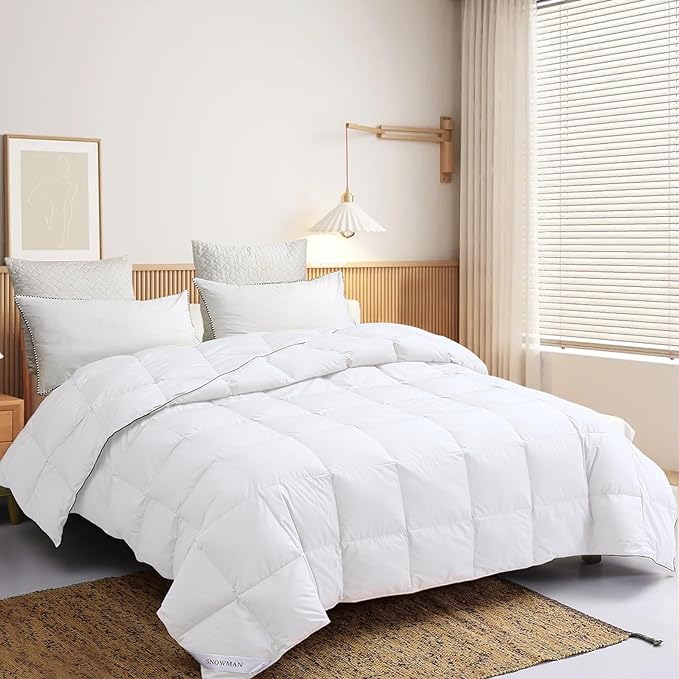 SNOWMAN Extra-Soft Down Blanket Queen, Lightweight Down Comforter with 8 Corner Tabs, Cooling Bed Comforter for Hot Sleepers, 18oz Fill Weight and Noiseless Down Proof Fabric (White, 90"x90")
