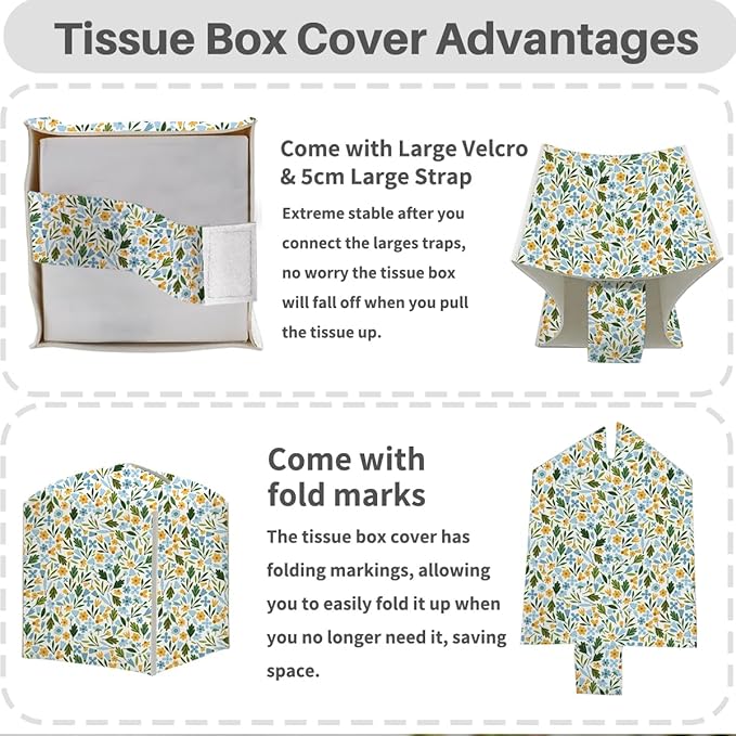 Tissue Box Cover, Tissue Box Holder, Square with Belt Bottom, PU Leather Decorative Organizer for Desk, Tabletop, Countertop Bathroom, Toilet Car, Office, Dresser Bedside, Aesthetic Plant Flower Decor