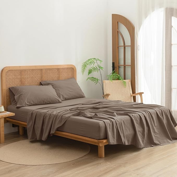 BESTOUCH Sheet Set 100% Washed Cotton Linen Feel Super Soft Comfortable Chic Lightweight 3 Pcs Home Bedding Set Solid Pine Bark Brown Twin