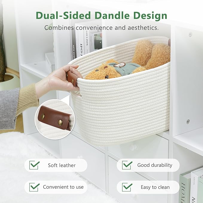 ECDYQXVU Cotton Rope Basket, Storage Baskets with Handle, 15x10x9 Inch Woven Basket for Shelves, Laundry, Towels, Clothes, Books (White 2Pack)