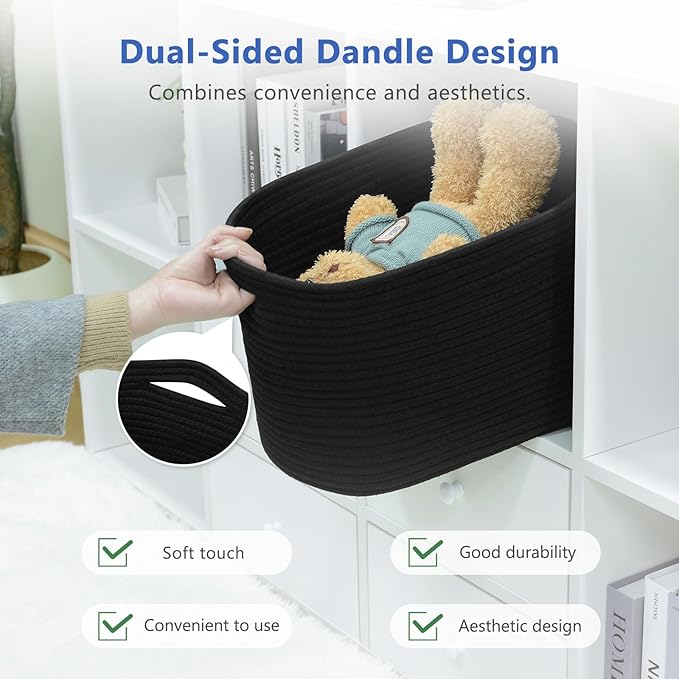 ECDYQXVU Cotton Rope Storage Basket, 15x10x9 Inches, Woven Basket for Shelves, Clothes, Towels, Books, and Laundry, Black (2 Pack)