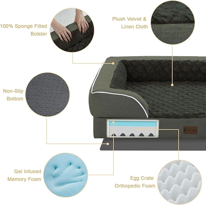 Casa Paw Orthopedic XL Dog Beds, Waterproof Memory Foam Big Pet Bed for Extra Large Sized Dogs 45x35Inch, Non-Slip Bottom and Egg-Crate Foam Dog Couch Bed with Washable Removable Cover, Dark Green