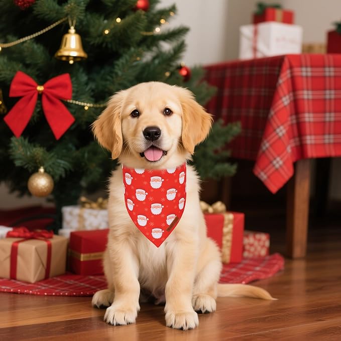 ADOGGYGO Red Christmas Dog Bandanas, Santa Reindeer Print Pet Scarf, Premium Durable Fabric, Red Christmas Bandanas for Small Dogs (Small)