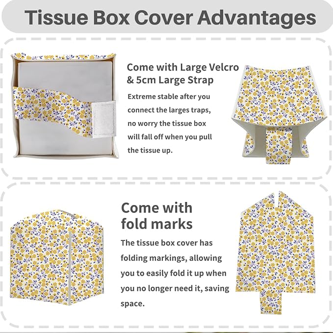 Tissue Box Cover, Tissue Box Holder, Square with Belt Bottom, PU Leather Decorative Organizer for Desk, Tabletop, Countertop Bathroom, Toilet Car, Office, Bedside, Aesthetic Yellow Flower Decor