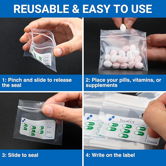 Pill Bags 500 Count - 3"X2.75" 3 Mil Small Ziplock Bags for Pills – BPA-Free Pill Pouches for Medicine, Pill Pack Storage & Medicine Pouch - Easy Label Pill Bags for Travel, Reusable Medicine Bags