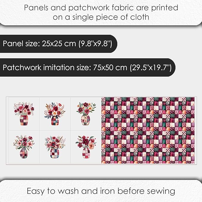 Cotton Satin Fabric Panel with Floral Patchwork Designs – 6 Printed Panels 9.8×9.8 in, Continuous Uncut Fabric Sheet 29.5×19.7 in, 100% Cotton for Quilting, Sewing & DIY
