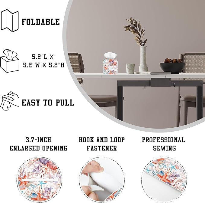 OHEGBXE Watercolor Seashell Tissue Box Holder Corals and Starfishes Square Leather Tissue Box Cover Modern Cube Facial Paper Cover Case for Bathroom Vanity Countertop Night Stands Tabletop