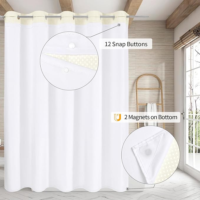 MitoVilla No Hooks Needed Extra Long Shower Curtain Liner Set, Ivory 86 inch XL Heavyweight Waffle Fabric Cloth Shower Curtains Set with Snap-in Liner for Modern Luxury Hotel & Spa Bathroom Decor