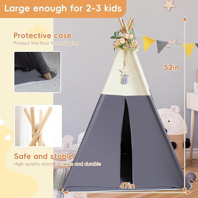 RONGFA Teepee Tent for Kids, 100% Cotton Play Tent with Mat, Kids Teepee Tent with Colored Flag, Quality Portable Play Tent with Carry Bag for Girls and Boys Indoor Outdoor (Beige Gray with Mat)