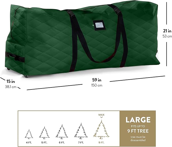 ZOBER 600D Oxford Fabric Large Rolling Christmas Tree Storage Bag - Fits 9 Ft Artificial Trees - Waterproof Christmas Tree Bag For Storage Box For Xmas, Durable Handles and Wheels - Quilted Greeen
